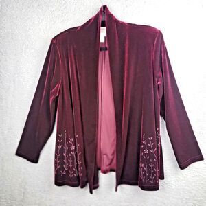 Coldwater Creek Velvet Embroidered Open Front Jacket Sweater Burgundy PM Stretch